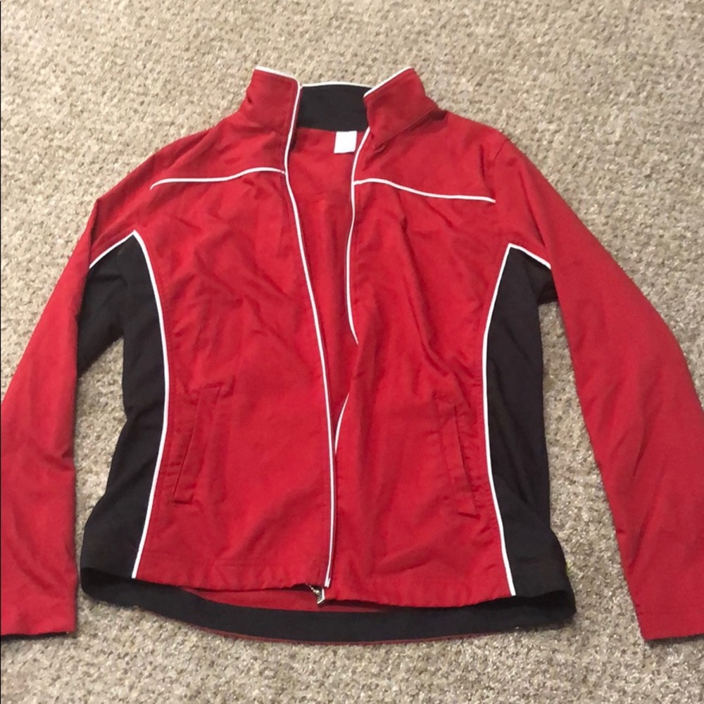 Black white and red jacket